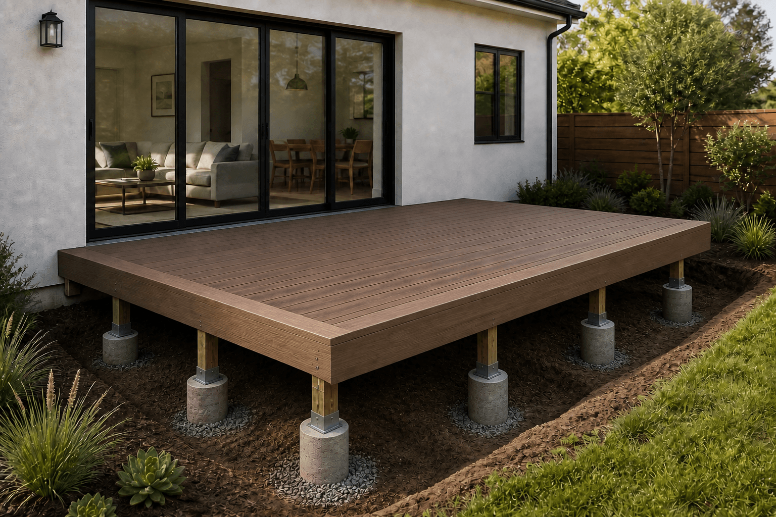 Trex Enhance · Good with Drilled & poured concrete piers and No railing